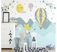 Hand Drawn Cartoon Mountain Peaks Hot Air Balloons Animals 3D Wallpaper Easy Install Feature Office Living Room Sofa Bedroom TV Background Wall Decoration-200cm×140cm