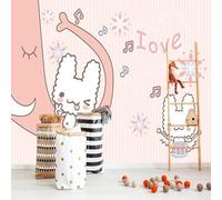 Hand Drawn Cartoon Pink Elephant White Rabbit 3D Wallpaper Silky Texture Home Study Office Grey Dining Room Sofa Bedroom Living Room TV Backdrop-430cm×300cm