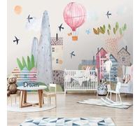 Hand Drawn Cartoon Pink Hot Air Balloon House Bird 3D Wallpaper Silky Texture Home Study Office Grey Dining Room Sofa Bedroom Living Room TV Backdrop-200cm×140cm