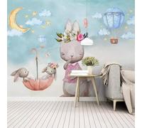 Hand Drawn Cartoon Rabbit Hot Air Balloon Moon White Clouds 3D Wallpaper Silky Texture Home Study Office Grey Dining Room Sofa Bedroom Living Room TV Backdrop-250cm×170cm