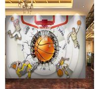 Hand Drawn Cartoon Three Dimensiona Basketball Court Players Breaking Through A Wall 3D Wallpaper Silky Texture Home Study Office Grey Dining Room Sofa Bedroom Living Room TV Backdrop-200cm×140cm