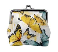 Hand Drawn Color Butterfly Print Double Clasp Metal Frame Leather Kiss Lock Change Pouch Wallet for Women with Keys, Small Purses