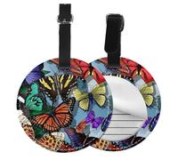 Hand Drawn Color Butterfly Print Round Luggage Tag 10 Cm, Pu Leather Suitcase Label, Luggage Tags for Cruise Ships Suitcase Tags Beach Malibu Print Privacy Cover Id Label