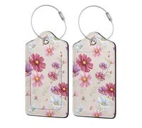 Hand Drawn Cosmos Flower Pattern,Luggage Tags Pu Leather Name Tag Travel Suitcase Identifier ID Tags Durable Luggage Label 2 pcs