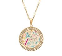 Hand Drawn Crayon Doodles Round Pendant Necklace Diamond Edging Brilliant Personalized Jewelry Gifts for Women Golden-style