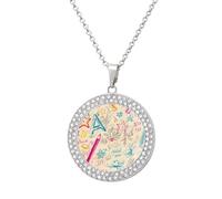 Hand Drawn Crayon Doodles Round Pendant Necklace Diamond Edging Brilliant Personalized Jewelry Gifts for Women Silver-style
