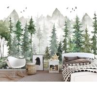 Hand Drawn Creative Mountain Peaks Forests Flying Birds Modern 3D Wallpaper Premium Textured Silk Neutral Tones Material Ideal for Living Room Bedroom-400cm×280cm