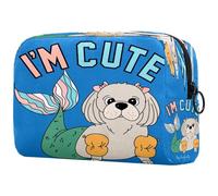 Hand Drawn Cute Dog Puppy with Mermaid Tail Cosmetic Bag for Women, Travel Toiletries Bags Large Makeup Handy Pouch Organiser Bag with Zipper