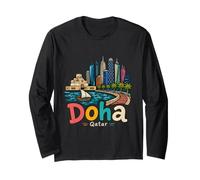 Hand Drawn Doha Qatar Travel Souvenir Landmark Gift Long Sleeve T-Shirt
