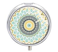 Hand Drawn Ethnic Gold Mandala Arabic, Indian, Turkish and Ottoman Iron Pill Box Case Organizer with Internal Separate Plastic Dividers, Travel Small Medicine Bag Holder Carrier Round Container