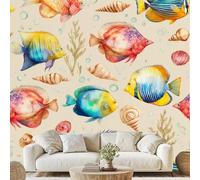 Hand Drawn Fish Shell Mural Watercolor Marine Animal Self-Adhesive Wallpaper 100x70 cm Underwater World Canvas Wall Paper for Bedroom Living Room Wall Mural Removable Stickers Dv123y