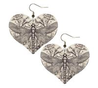 Hand drawn floral dragonfly Leather Earrings for Women Heart Earring Lightweight Dangle Earrings Jewelry Gifts