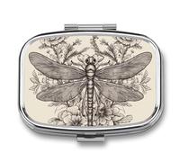Hand Drawn Floral Dragonfly Pill Box 2 Compartment Pill Case Portable Pocket Pill Organizer Medicine Vitamin Organizer for Men Women