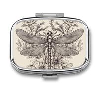 Hand Drawn Floral Dragonfly Pill Box - 2 Compartment Travel Pill Organizer with Small Mirror, Portable Pillcase for Pocket & Purse, Cute Square Medicine Case, Weekly Medicine Container