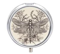 Hand Drawn Floral Dragonfly Round Pill Box 3 Compartment Medicine Pill Organizer with Mirror Travel Small Pill Case Cute Vitamin Organizer Portable Daily Pill Container for Pocket Purse