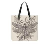 Hand Drawn Floral Dragonfly Tote Bag Square PU Leather Shoulder Handbag Purse Multipurpose Reusable Shopping Carryall Durable Work Commute Travel Daily Casual Resistant Ladies Fashion Hand Bag