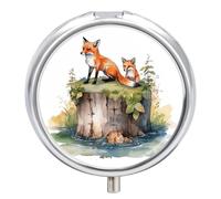 Hand Drawn Fox Pill Box Case 3 Compartment Travel Medicine Pill Organizer 3x A Day Portable Vitamin Organizer with Mirror Small Pillbox for Purse & Pocket Cute Daily Medicine Container Metal Vitamin C