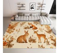 Hand-Drawn Fox Rabbit Area Rug, Beige Washable Rug 80x150 cm, Indoor Outdoor Carpet Machine Washable Non Slip for Living Room Dining Room Bedside Hallway Office