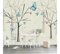 Hand Drawn Fresh Beautiful Butterflies Flying Birds Large Trees 3D Wallpaper Silky Texture Home Study Office Grey Dining Room Sofa Bedroom Living Room TV Backdrop-300cm×210cm