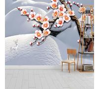 Hand Drawn Fresh Elegant Plum Elk Snowy Landscape 3D Wallpaper Silky Texture Home Study Office Grey Dining Room Sofa Bedroom Living Room TV Backdrop-300cm×210cm