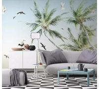 Hand Drawn Fresh Green Coconut Tree Flying Birds 3D Wallpaper Luxury Silk Study Dining Feature Sofa Grey Bedroom Living Room Tv Decorative Wall-300cm×210cm