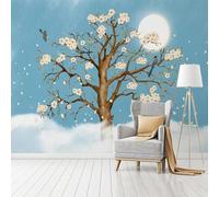 Hand Drawn Fresh Romantic Small Tree Bird Flower Moon 3D Wallpaper Easy Install Feature Office Living Room Sofa Bedroom TV Background Wall Decoration-150cm×105cm