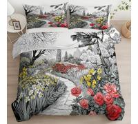 Hand Drawn Garden Red Rose Yellow Tulip Super King Duvet Cover Set, Microfiber Bedding Set with Pillowcases, Ultrasoft Reversible Black Quilt Cover for Kids Girls Teens Adults - 260 x 220 cm