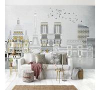 Hand Drawn Geometric Art City Architecture Birds 3D Wallpaper Silky Texture Home Study Office Grey Dining Room Sofa Bedroom Living Room TV Backdrop-250cm×170cm