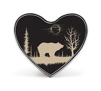 Hand Drawn Gold Animal Bear Silhouette Trees Full Moon on Dark Heart Badge Smooth Surface Lapel Tie Pin, Lightweight Badge for Women Men Office Worker Nurse Teacher Student Shirts Backpack