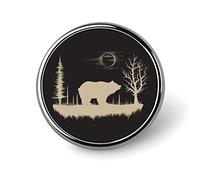 Hand Drawn Gold Animal Bear Silhouette Trees Full Moon on Dark Round Badge Smooth Surface Lapel Tie Pin, Lightweight Badge for Women Men Office Worker Nurse Teacher Student Shirts Backpack