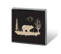 Hand Drawn Gold Animal Bear Silhouette Trees Full Moon on Dark Square Badge Smooth Surface Lapel Tie Pin, Lightweight Badge for Women Men Office Worker Nurse Teacher Student Shirts Backpack