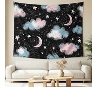 Hand-Drawn Graffiti Fantasy Starry Sky Tapestry Wall Hanging, 100 x 150 cm Clouds Pink Moon Wall Art Blanket Decorative College Room Hostel Decorations Bedroom Living Room Decor