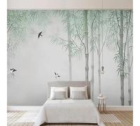 Hand Drawn Green Bamboo Forest Flying Birds Art Modern 3D Wallpaper Premium Textured Silk Neutral Tones Material Ideal for Living Room Bedroom-300cm×210cm