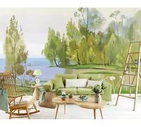 Hand Drawn Green Forest River Art Modern 3D Wallpaper Premium Textured Silk Neutral Tones Material Ideal for Living Room Bedroom-150cm×105cm
