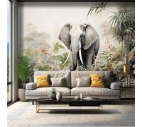 Hand Drawn Green Jungle Flowers Elephants Modern 3D Wallpaper Premium Textured Silk Neutral Tones Material Ideal for Living Room Bedroom-300cm×210cm