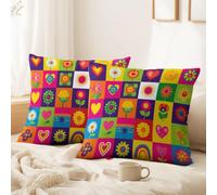 Hand-Drawn, Grid Pattern, Cute Cushion Covers Set of 2 Pack 60 x 40 CM - No Pillow Insert Decorative Covers Squares, Floral, Love Hearts, Sun for Sofa Bed Couch Outdoor Home Decorations