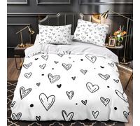 Hand drawn hearts 3D Printed Quilt Cover 3-Piece Microfiber Lightweight Breathable Black and white doodle Comforter Cover 2 Pillowcases Hidden Zipper Bed Set Girls Bedroom Super king（260x220cm）