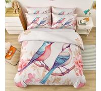 Hand Drawn Illustrative Reversible Duvet Cover Single, Multicoloured Pastoral Birds Flowers Soft and Easy Care Microfiber Quilt Covers with Pillowcases, for Girls Kids Adult