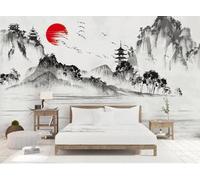 Hand Drawn Ink Landscape Architecture Birds Sunrise 3D Wallpaper Textured Silk Easy Install Living Room Sofa Bedroom Dining Room Home Decoration Wall-250cm×170cm