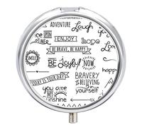 Hand Drawn Inspiration Words Laugh Hope Love Sunshine Believe Joyful Iron Pill Box Case Organizer with Internal Separate Plastic Dividers, Travel Small Medicine Bag Holder Carrier Round Container