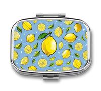 Hand Drawn Lemon Pattern Pill Case Travel Portable Pocket Pill Case 2 Compartments Large Capacity Medicine Case Vitamin Organizer and Pill Organizer