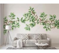 Hand Drawn Minimalist Branches Green Leaves Little Birds 3D Wallpaper Easy Install Feature Office Living Room Sofa Bedroom TV Background Wall Decoration-150cm×105cm
