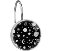 Hand Drawn Moon Shower Hooks Rings Set of 12, Rust Proof Stainless Steel Decorative Hangers for Bathroom Shower Curtain Rod
