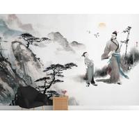 Hand Drawn Mountain Peaks Figures Flying Birds Sunrise 3D Wallpaper Luxury Silk Study Dining Feature Sofa Grey Bedroom Living Room Tv Decorative Wall-200cm×140cm