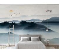 Hand Drawn Mountain Peaks Forest Flying Birds Sunrise 3D Wallpaper Luxury Silk Study Dining Feature Sofa Grey Bedroom Living Room Tv Decorative Wall-200cm×140cm