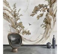 Hand Drawn Mountain Peaks Pine Trees Flying Birds and Creativity Modern 3D Wallpaper Premium Textured Silk Neutral Tones Material Ideal for Living Room Bedroom-200cm×140cm