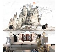 Hand Drawn Mountain Peaks Rivers Small Boats Flying Birds Sunrise 3D Wallpaper Premium Textured Silk Study Dining Living Room Bedroom Sofa TV Wall Easy Install-300cm×210cm