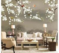 Hand Drawn Mountains Magnolias Birds in Flight Landscape 3D Wallpaper Easy Install Feature Office Living Room Sofa Bedroom TV Background Wall Decoration-400cm×280cm