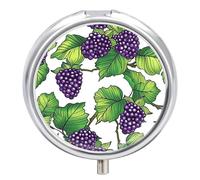Hand Drawn Mulberries Pill Box - 3 Compartment, Round Metal Pill Case with Mirror, Portable Medicine Holder for Purse/Wallet/Travel