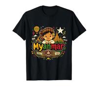 Hand Drawn Myanmar Travel Souvenir Landmark Gift Value Graphic T-Shirt, Men, Black, L